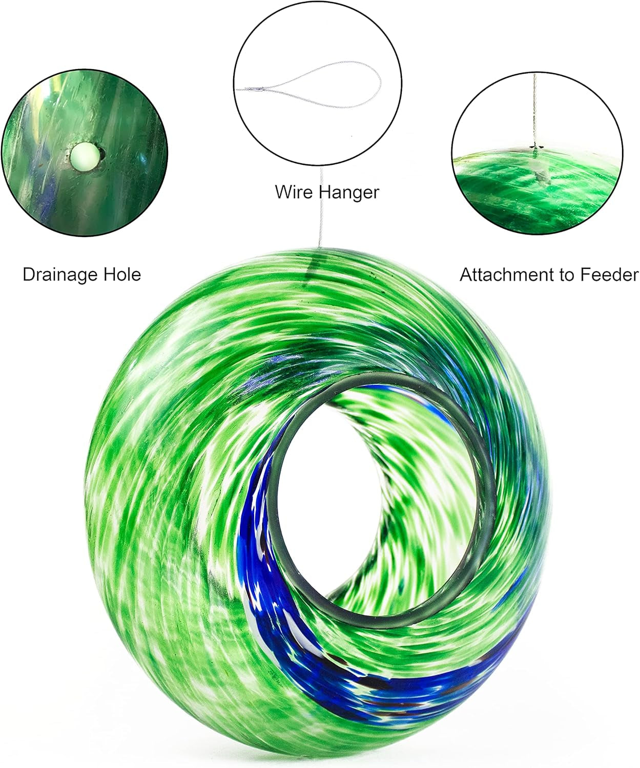 Glass Bird Feeder, New, Unique Bird Feeders for outside with Fly through Circle, Hanging for Outdoor Yard, Porch, Patio, Deck Bird Watching - 9 Inches (Green)