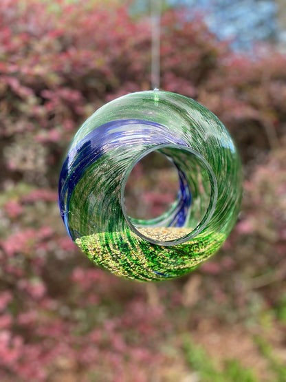 Glass Bird Feeder, New, Unique Bird Feeders for outside with Fly through Circle, Hanging for Outdoor Yard, Porch, Patio, Deck Bird Watching - 9 Inches (Green)